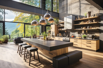 Bright kitchen space with modern style with natural views