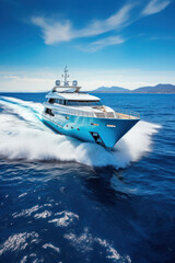 Large private motor yacht at sea mooving fast
