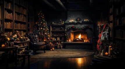 Fototapeta na wymiar Interior of luxury living room with bookcases and Christmas decor. Blazing fireplace, garlands and burning candles, elegant Christmas tree, gift boxes. Christmas and New Year celebration concept.