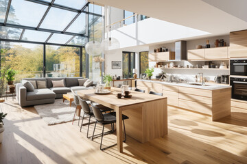 Fototapeta premium Bright kitchen space with modern style with natural views