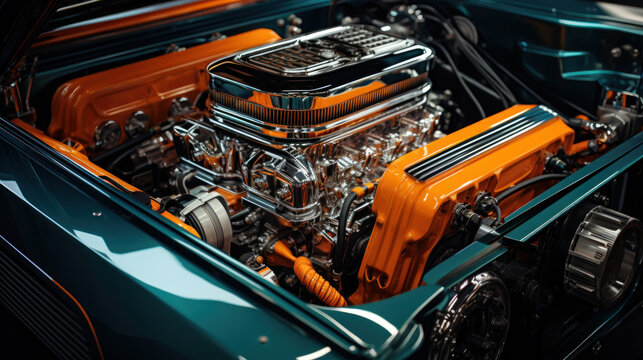 Under the hood of sports car. Powerful engine closeup. Clean motor block.