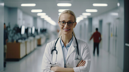 Portrait of happy young female doctor standing in hospital corridor and writing medical report on clipboard. Caucasian woman. Generative AI