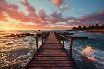 Wooden pier in the sea at sunset