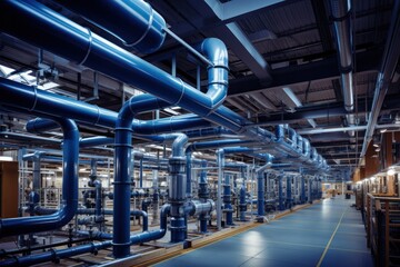 Fototapeta premium factory, production, construction, futuristic, artificial, automated, pipe, facility, system, structure. background image is in factory, there have large pipe and automated facility system for product