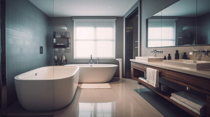 Fototapeta na wymiar Modern hotel bathroom interior with double sink and bathtub, accessories.