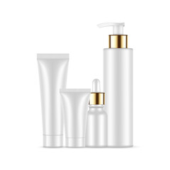 Cosmetic Containers Set, Tubes, Dropper and Pump Bottles With Golden Cap, Isolated on White Background. Vector Illustration