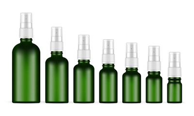 Round Shape Green Spray Bottles Set, Isolated On White Background. Vector Illustration