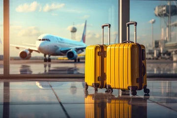 Poster suitcase, flight, journey, transport, travel, trip, window, tourism, luxury, airplane. image background is put suitcase in terminal airport, behind that's airplane park is going to flight and travel. © sornthanashatr