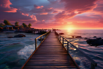 Fototapeta na wymiar Wooden pier in the sea at sunset