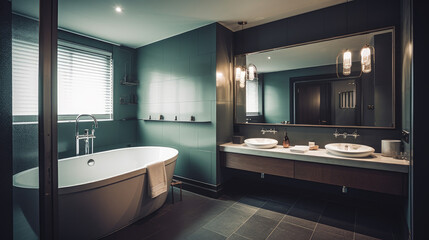 Modern hotel bathroom interior with double sink and bathtub, accessories.