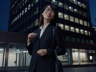 Fototapeta premium A confident Asian businesswoman standing outside an office building. Great for stories on careers, entrepreneurship, diversity, corporate workplace and more. 