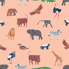 Fototapeta premium African Animal Seamless Pattern, Vibrant Design Featuring Elephant, Lion, Giraffe, And Zebra. Screaming Eagle