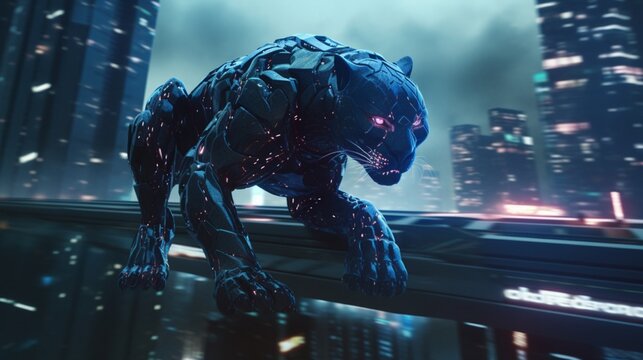 cyberpunk panther running up the side of a building.Generative AI