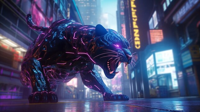 cyberpunk panther running up the side of a building.Generative AI