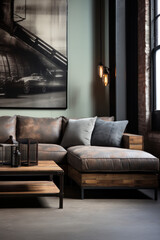 Modern loft open space apartment with wooden beams and floor, simple modern furniture, gray leather sofa, coffee table, brick wall, view from the living room