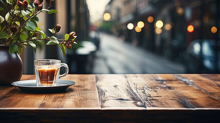 Empty wooden tables and coffee mugs with blurred background of street and shop lights