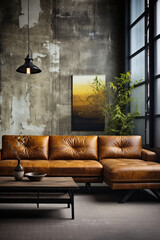 Modern loft open space apartment with wooden beams and floor, simple modern furniture, gray leather sofa, coffee table, brick wall, view from the living room