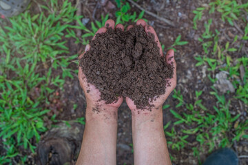 Hand holding fertile black soil. Hands holding good quality soil. Dirty hands with soil. Hand holding soil in agricultural field.