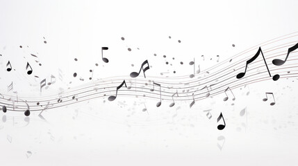 Musical notes lying on music sheet on white wooden background - obrazy, fototapety, plakaty