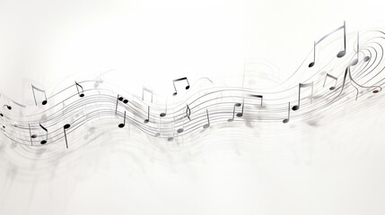 Musical notes lying on music sheet on white wooden background - obrazy, fototapety, plakaty