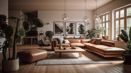 Modern interior of open space with design modular sofa, furniture, wooden coffee tables, plaid, pillows, tropical plants in stylish home decor.