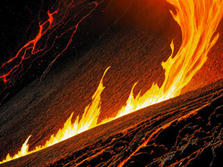 Futuristic Photo of fiery lava flows, volcanoes birth the metals, top view