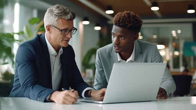 Two diverse businessmen men at office discuss project with computer. Generative AI