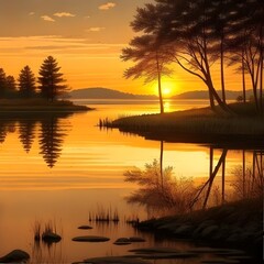 Illustration of a sunset over a serene lake. Golden hues reflect on water. Silhouettes of trees on the shore. T-shirt graphics & painting.