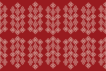 Ethnic geometric fabric pattern Cross Stitch.Ikat embroidery Ethnic oriental Pixel pattern red background. Abstract,vector,illustration. Texture,clothing,frame,decoration,motifs,silk wallpaper.