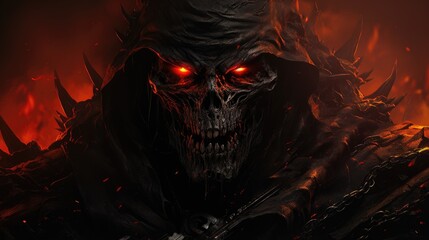 Skull-faced, ruthless grim reaper.