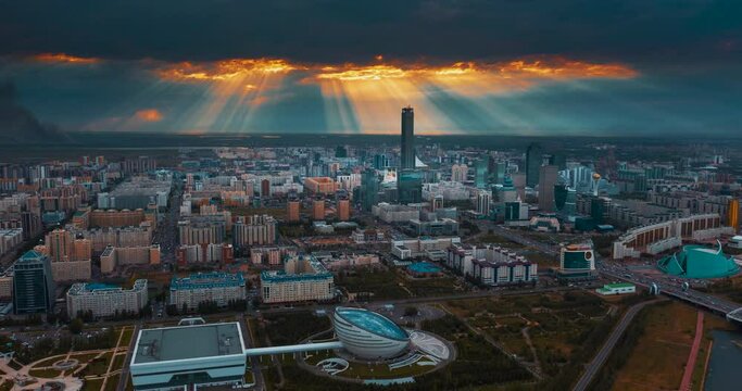 Aerial hyper lapse of Astana city Kazakhstan during beautiful sunset