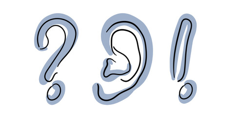 Fototapeta premium Ear, question and exclamation blue point isolated on white background. Listening and understanding words. Open your mouth, speak and listen. 
