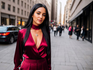 Obraz premium Digital photo of attractive woman walking in the street, streetstyle at night