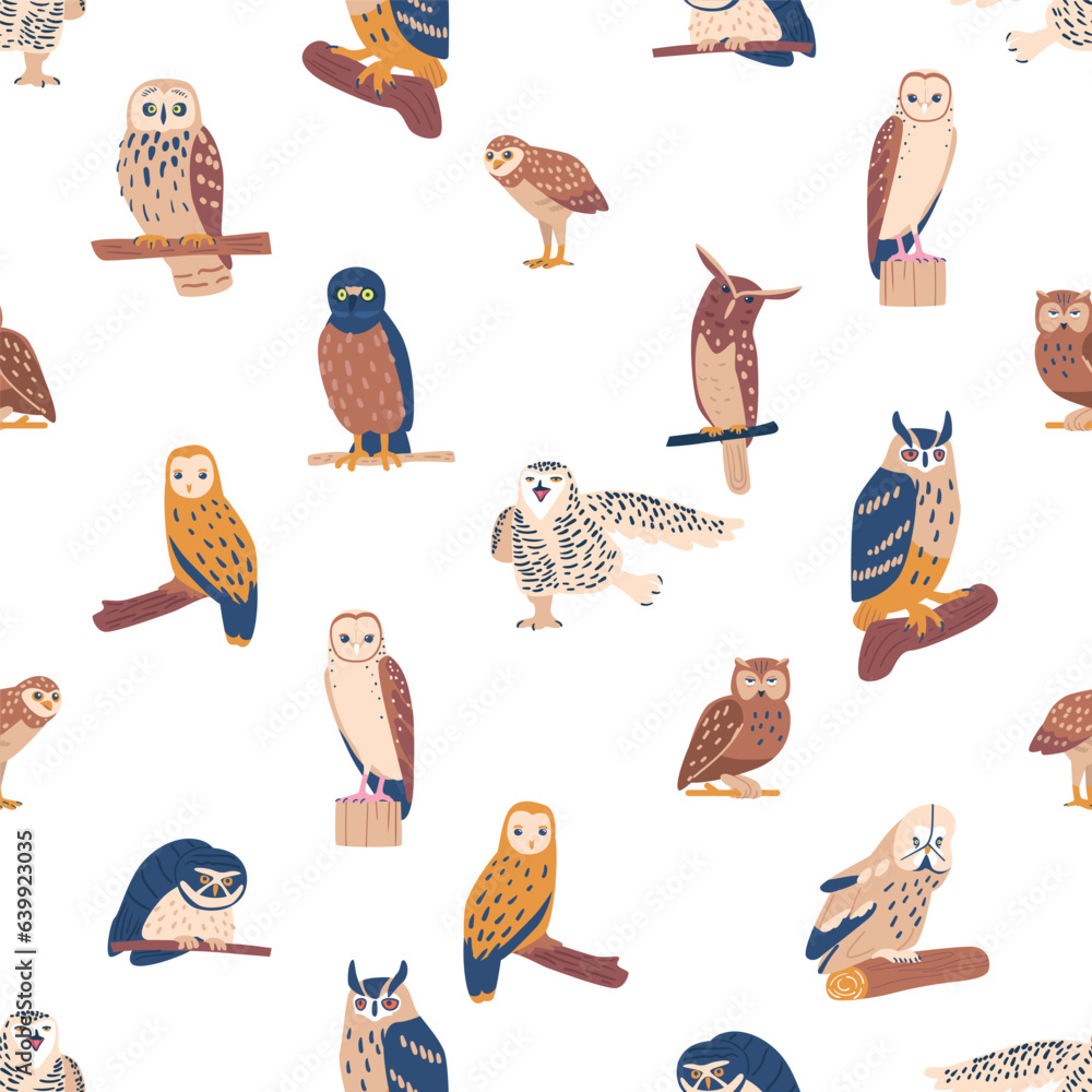 Poster charming seamless pattern featuring adorable owls in various poses and sizes, creating a playful and
