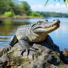 Obraz premium Toothy crocodile on a stone in the Amazon River