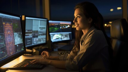 Woman working as air traffic controller. Female sitting at airport control tower