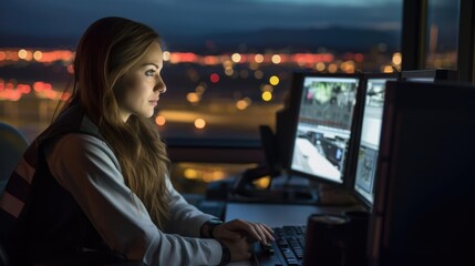 Woman working as air traffic controller. Female sitting at airport control tower