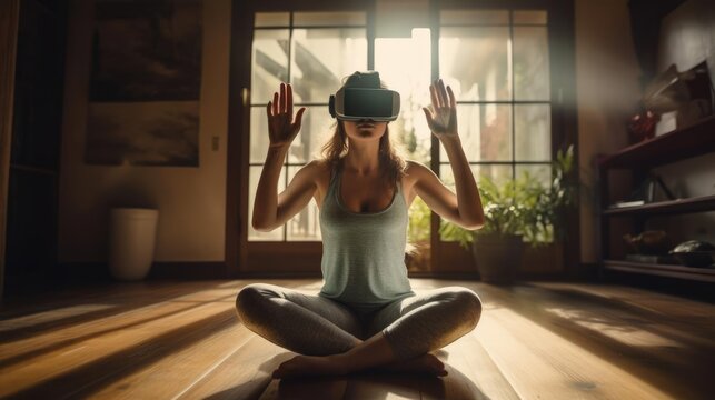 Woman Wearing Virtual Reality Headset And Doing Yoga At Home