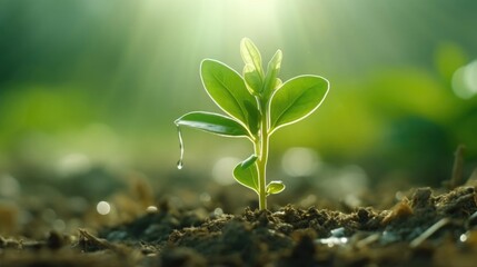 Young plant with drop of rain in sunlight