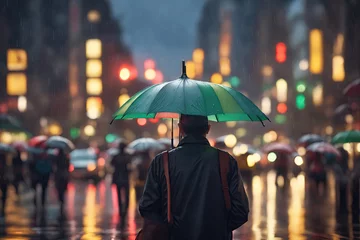 Fotobehang A people with an umbrella in the rain evening city trafic © Anna