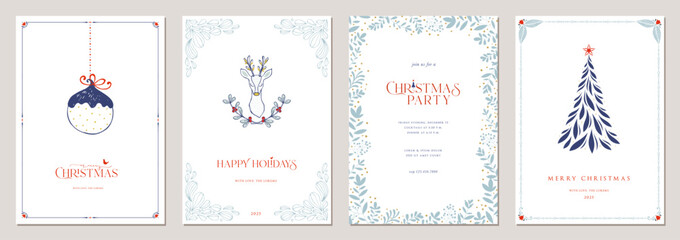 Christmas templates. Winter Holiday cards, decorative ornate floral frames with copy space, Christmas Tree, baby deer, Christmas ornament, bird and greetings. - 639923686