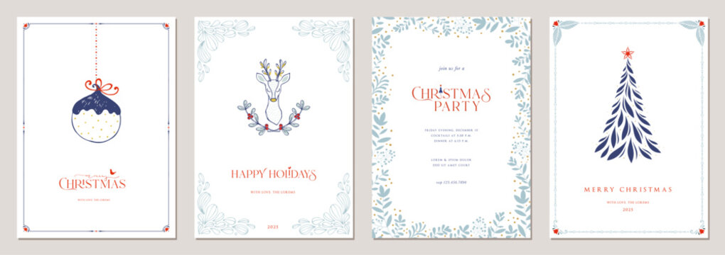 Christmas templates. Winter Holiday cards, decorative ornate floral frames with copy space, Christmas Tree, baby deer, Christmas ornament, bird and greetings.