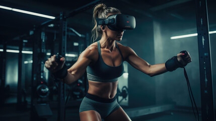Young woman engages in a virtual reality fitness activity using a VR headset and controllers in a...