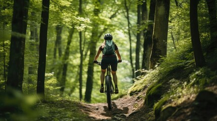 woman on mountain bike rides on the trail in green forest