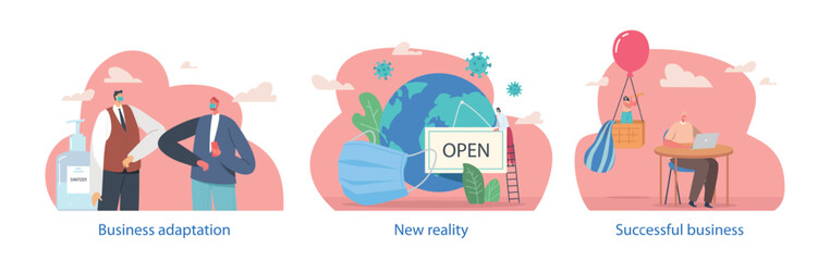 Isolated Elements With Characters Perform Scenes Of Businesses Adapting To The New Normal, Cartoon Vector Illustration