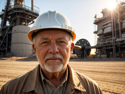 Portrait of an elderly man oil worker against the background of an oil rig in the hot desert. Power industry, petroleum engineering, technology, oilfield