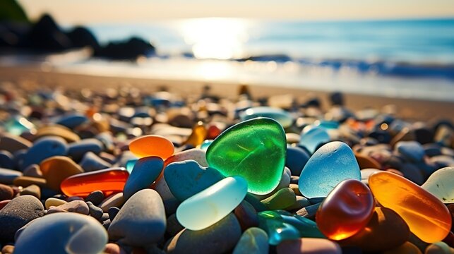 Polished Sea Glass & Gemstones on Beach - Vibrant Seashore Treasures, generative Ai