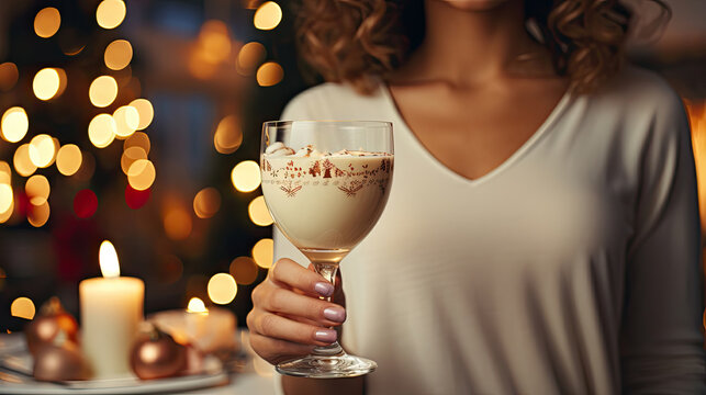 Girl holding a glass with eggnog , cozy and winter Christmas atmosphere. Home feeling mood.