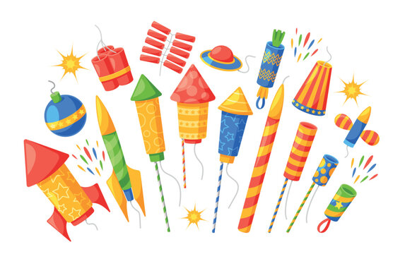 Set of Firecrackers, Pyrotechnics and Fireworks. Rocket and Flapper with Bomb, Burning Firework for Birthday Party