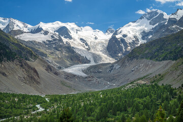 Val Morteratsch mit Morteratschgletscher und Berninagruppe, Pontresina, Engadin, Graubünden, Schweiz